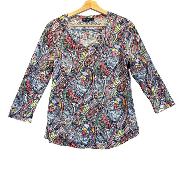 Carine V Neck Shirt Top M Medium Vibrant Paisley Splash Abstract - Picture 1 of 10
